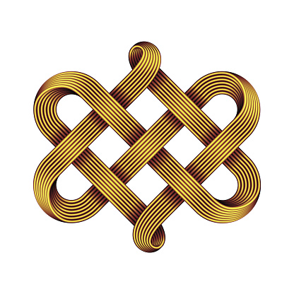 Celtic knot made of interweaved golden wire as two twisted hearts symbol. Vector illustration isolated on white background.
