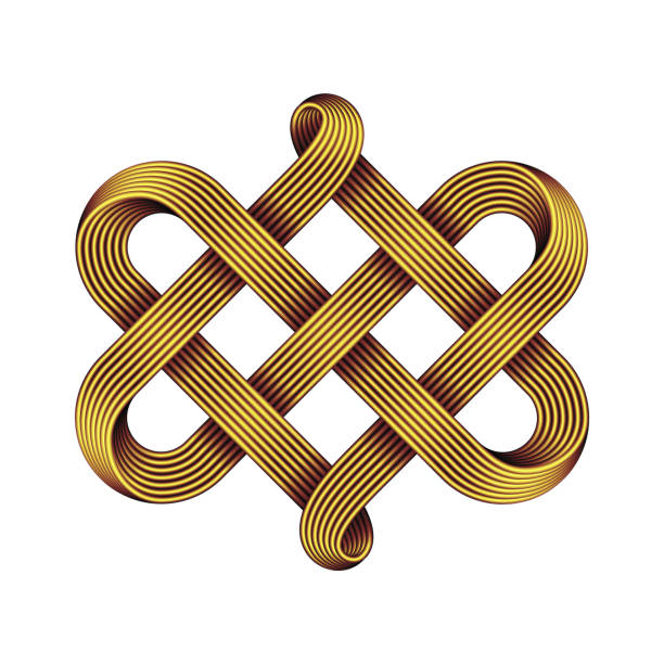 Celtic knot made of interweaved golden wire as two twisted hearts symbol. Vector illustration. Celtic knot made of interweaved golden wire as two twisted hearts symbol. Vector illustration isolated on white background. celtic knot symbol of eternal love stock illustrations