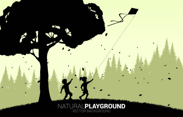 큰 나무와 하늘에 비행 연과 함께 실행 소년과 소녀의 실루엣. - silhouette jogging running backgrounds stock illustrations