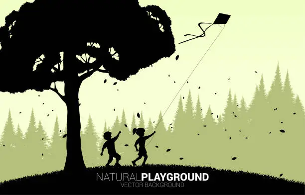 Vector illustration of silhouette of boy and girl running with flying kite in the sky with big tree.