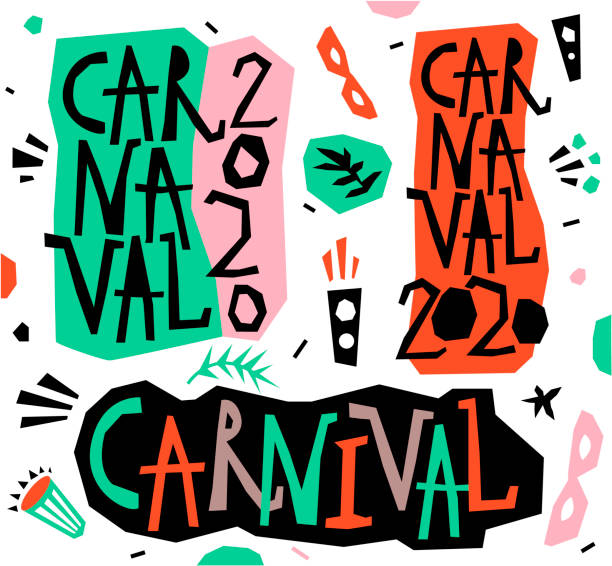 ilustraciones, imágenes clip art, dibujos animados e iconos de stock de vector carnaval letering, cartel, tarjeta con elementos navideños. evento popular en brasil. estado de ánimo festivo. título del carnaval, diseño colorido del garabato. estilo infantil - letering