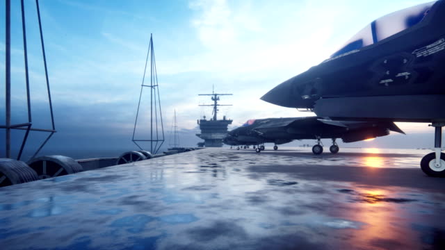 F-35 fighters are on the aircraft carrier ready to fly. 3D Rendering