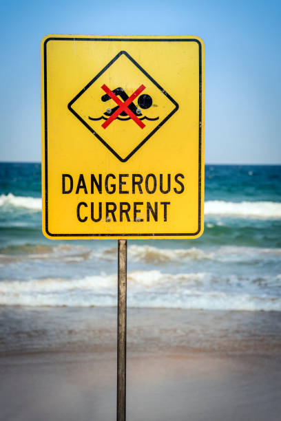 istock Dangerous current warning sign for swimmers at beach 1200704227