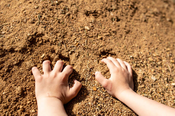 las pequeñas manos de un niño juegan en una caja de arena con arena en un día soleado de verano. - sandbox child human hand sand fotografías e imágenes de stock