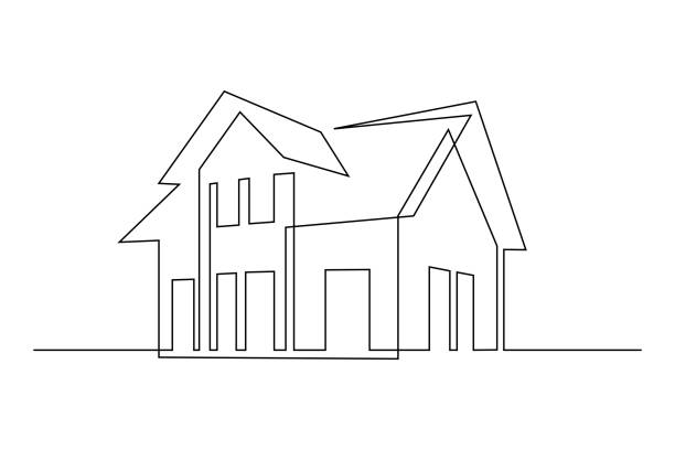 Family cottage Family house in continuous line art drawing style. Suburban home minimalist black linear sketch isolated on white background. Vector illustration estate stock illustrations
