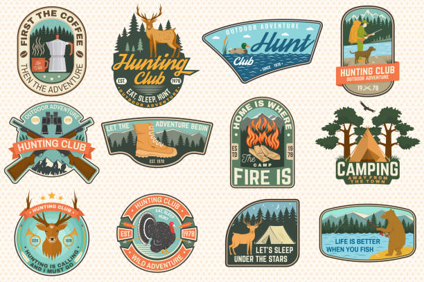 Set of outdoor adventure quotes and Hunting club patches. Vector. Concept for shirt, logo, print, patch. Patch design with hiking boots, mountains, fishing bear, deer, tent, hunter silhouette Set of outdoor adventure quotes and Hunting club patches. Vector. Concept for shirt, logo, print, stamp, patch. Patch design with hiking boots, mountains, fishing bear, deer, tent, hunter silhouette animals hunting stock illustrations