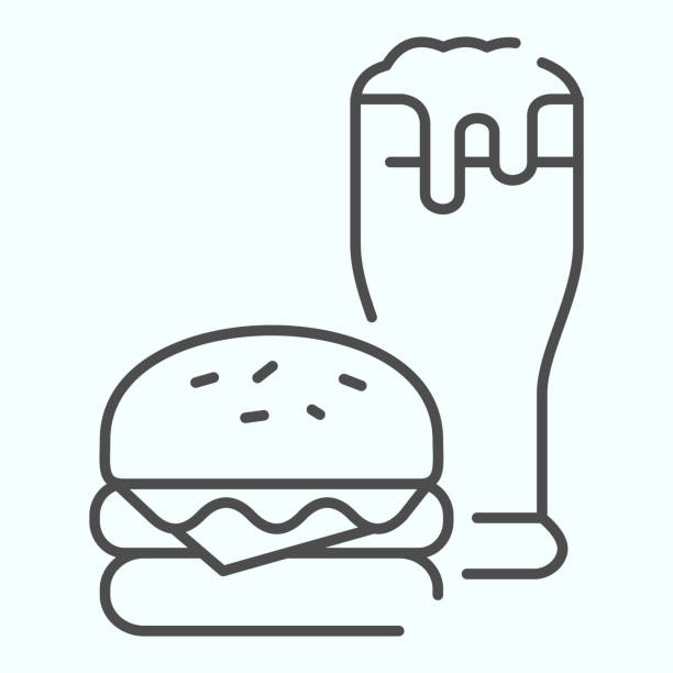 burger und bier dünne linie symbol. fast-food mit getränkevektor-illustration isoliert auf weiß. burger und glas bier umriss stil design, für web und app entworfen. eps 10. - hamburger schnellgericht stock-grafiken, -clipart, -cartoons und -symbole