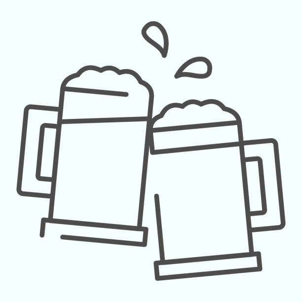 Mugs thin line icon. Mugs with beer vector illustration isolated on white. Two holding beer glasses outline style design, designed for web and app. Eps 10. Mugs thin line icon. Mugs with beer vector illustration isolated on white. Two holding beer glasses outline style design, designed for web and app. Eps 10 kvass stock illustrations