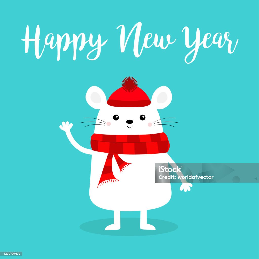 Happy New Year White Mouse Waving Hand 2020 Sign Symbol Merry ...