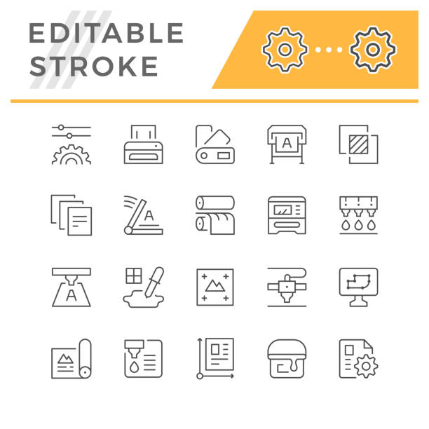 ilustrações, clipart, desenhos animados e ícones de ícones da linha de definição da cópia - printing press print printout colors