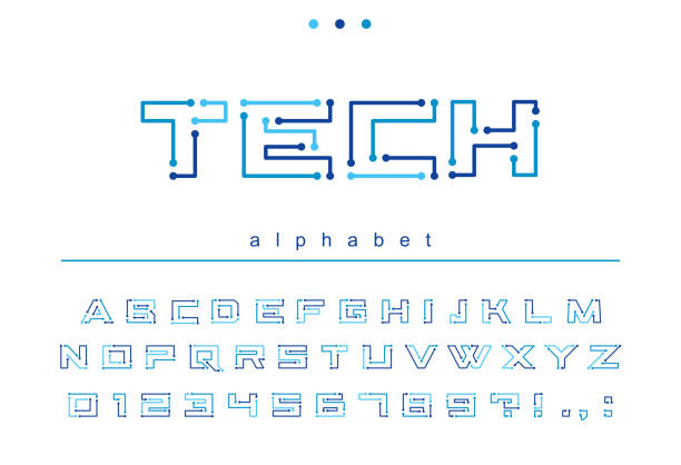 Circuit board geometric font. Digital technology, futuristic, future techno alphabet. Letters and numbers for computer electronic chip, tech logo design vector art illustration