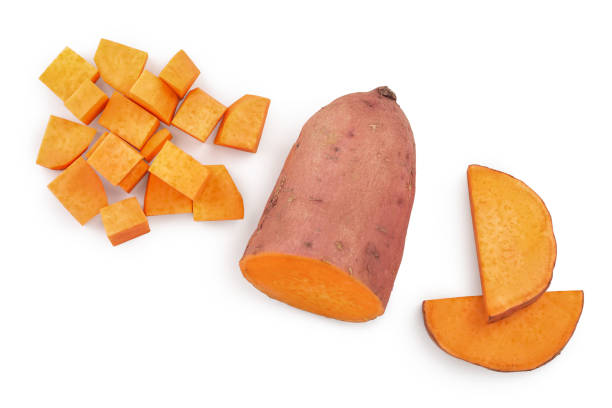 istock Sweet potato isolated on white background closeup. Top view. Flat lay. 1200710759