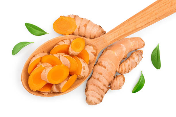 istock Turmeric powder and turmeric root isolated on white background. Top view. Flat lay 1200710794