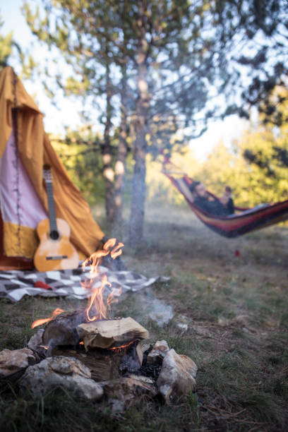 istock Campfire outside of tent 1200712027