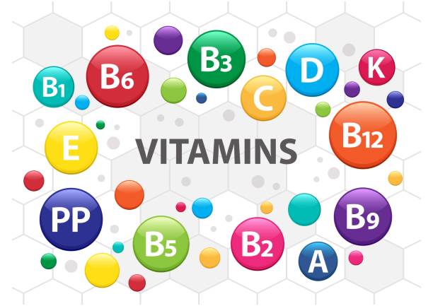 건강을 위한 다채로운 종합 비타민 복합체. 비타민 a, b1, b2, b3, b5, b6, b9, b12, c, d, e, k, pp. 벡터 - vitamin d vitamin b1 vitamin pill nutritional supplement stock illustrations