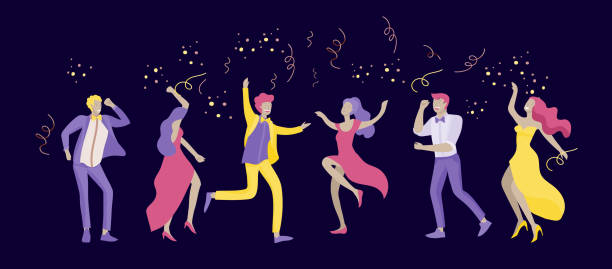 Group of smiling young people or students in evening dresses and tuxedos, happy Jumping and dansing. Prom party, prom night invitation, promenade school dance concept. Vector Group of smiling young people or students in evening dresses and tuxedos, happy Jumping and dansing. Prom party, prom night invitation, promenade school dance concept. Vector illustration concept prom stock illustrations