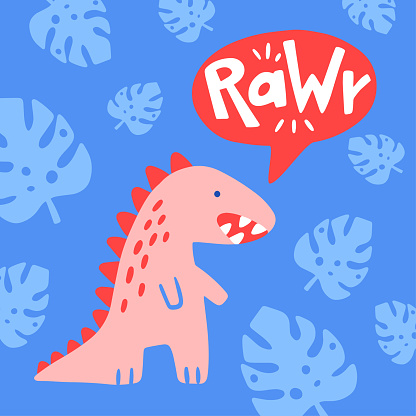 Cute dinosaur cartoon vector illustration with text rawr for prints and posters, invitation and greeting cards