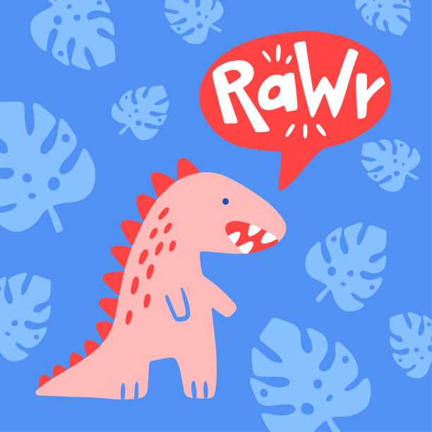 Dinosaur Saying Rawr Card Cute dinosaur cartoon vector illustration with text rawr for prints and posters, invitation and greeting cards dinosaur rawr stock illustrations