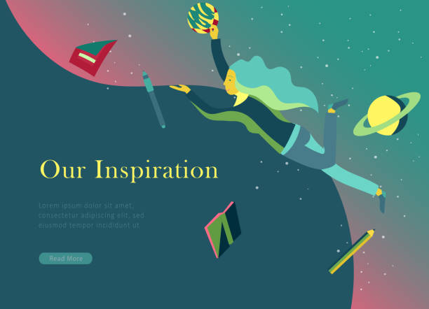 istock landing page templates set. Inspired People flying in space and reading books. Characters moving and floating in dreams, imagination and freedom inspiration. Flat design style 1200716747