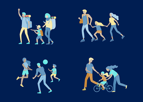 Collection of family hobby activities. Mother, father and children teach daughter to ride bike, walking hiking and treveling, roller skating, play ball together. Cartoon vector illustration