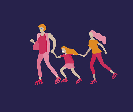 Collection of family hobby activities. Mother, father and children teach ride roller skating together. Cartoon vector illustration