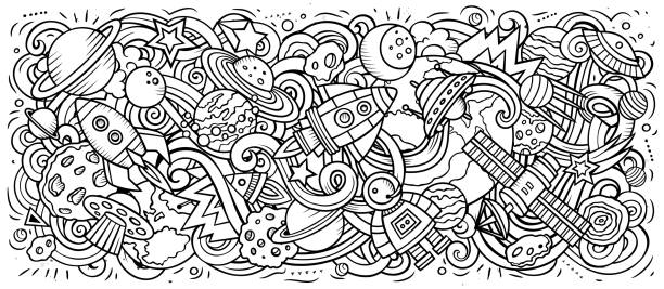 Space hand drawn cartoon doodles illustration. Sketchy vector banner Space hand drawn cartoon doodles illustration. Cosmic funny objects and elements design. Creative art background. Sketchy vector banner coloring illustrations stock illustrations