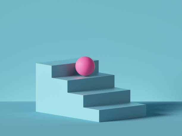 istock 3d render, abstract minimal background. Pink ball placed on blue steps, isolated stairs. Blank pedestal, empty podium. Architectural element, primitive shape. Product showcase, shop display 1200717690