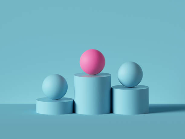 3d render, abstract minimal geometric background. Blue balls placed on cylinder pedestal steps. Isolated objects, primitive shapes. Successful business concept, one of a kind, advantage metaphor.