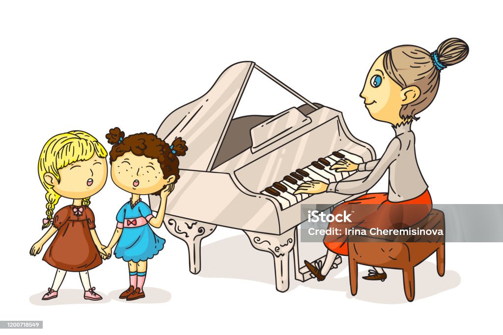 Little Girls Singing Song And Teacher Plating Piano Isolated On White Woman  And Kids Cartoon Chorus People Characters Music Education Vocal And  Musician Instrument Vector Flat Illustration Stock Illustration - Download  Image