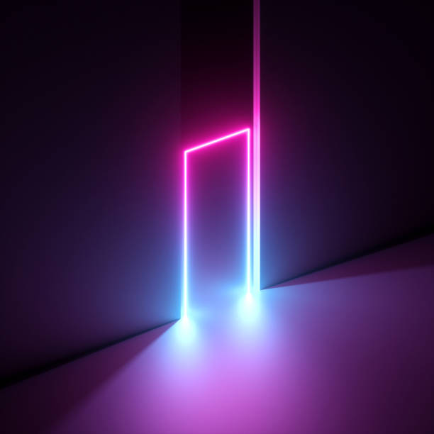 istock 3d render, abstract neon background, violet pink vivid light. Glowing vertical line. Room entrance, arch, open door, gate, slot, portal. Futuristic scene. Modern minimal concept. 1200718578
