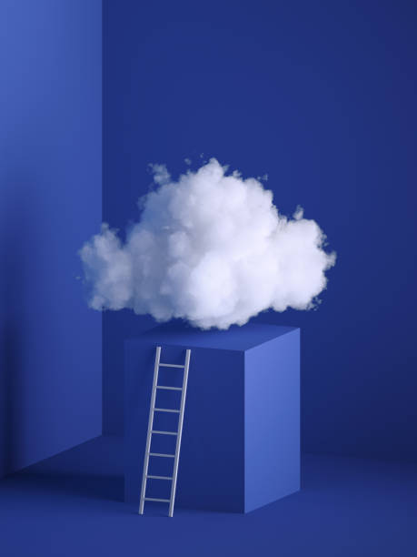 3d render of white soft cloud, cube podium, pedestal, minimal room interior, ladder, stairs. Objects isolated on blue background, modern design, abstract metaphor. Color of the year 2020 3d render of white soft cloud, cube podium, pedestal, minimal room interior, ladder, stairs. Objects isolated on blue background, modern design, abstract metaphor. Color of the year 2020 cotton cloud stock pictures, royalty-free photos & images