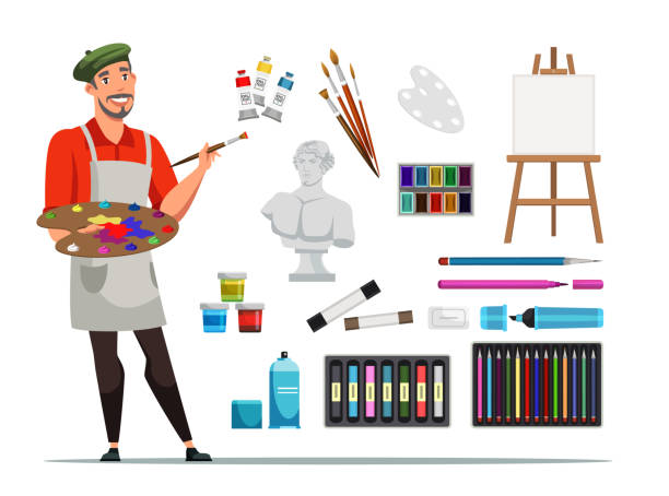 Painter and art tools vector illustrations set Painter and art tools vector illustrations set. Smiling artist in beret with paint palette cartoon character. Different painting equipment isolated on white background. Watercolor, gouache, easel cartoon of artists painting stock illustrations
