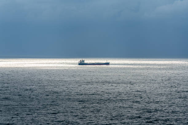 istock Cargo ship in sunlight with incoming stormy weather 1200720128