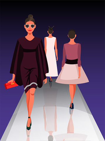 Models showing new clothes trendy outfit. Beautiful women walking on catwalk. Fashion trends review show. Podium under spotlights. Vector illustration