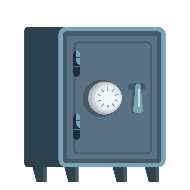 illustrazioni stock, clip art, cartoni animati e icone di tendenza di illustrazione vettoriale piatta scatola sicura in metallo - coin bank cash box safety deposit box lock