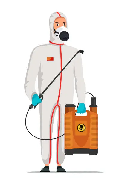 Vector illustration of Pest control service worker in protective suit