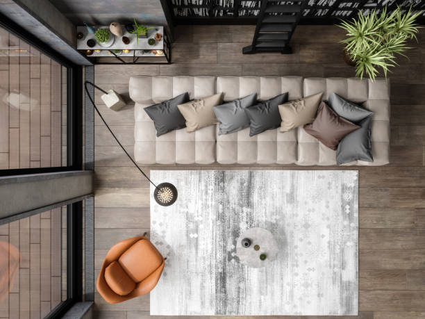top-blick auf modernes wohnzimmer - teppichboden couch stock-fotos und bilder