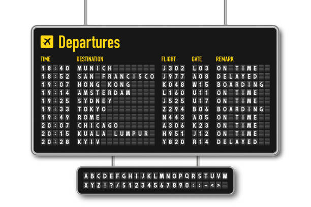 abflug- und ankunftstafel, anzeigetafel der fluggesellschaft, mechanische splitklappenanzeige. fluginformationsanzeigesystem am flughafen. flughafen-alphabet mit zahlen - arrival stock-grafiken, -clipart, -cartoons und -symbole