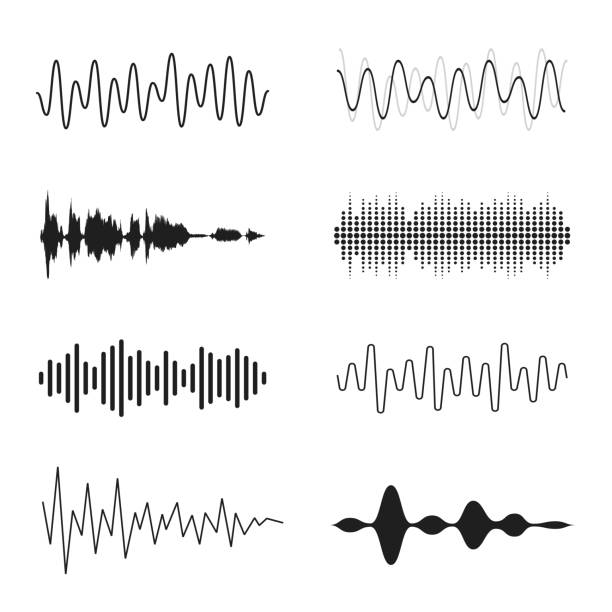 ilustraciones, imágenes clip art, dibujos animados e iconos de stock de conjunto de ondas sonoras. formas de onda de línea analógicas y digitales. ondas sonoras musicales, ecualizador y concepto de grabación. señal de sonido electrónico, grabación de voz - sound wave sound mixer frequency wave pattern