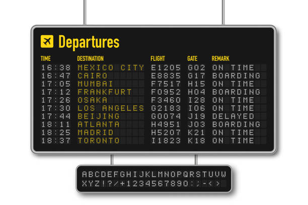 ilustrações de stock, clip art, desenhos animados e ícones de departure and arrival board, airline scoreboard with digital led letters. flight information display system in airport. airport style alphabet with numbers - railroad sign