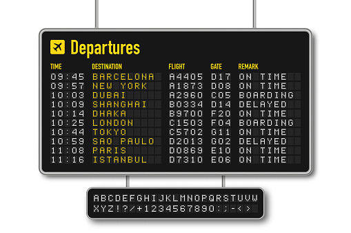 Departure and arrival board, airline scoreboard with digital led letters. Flight information display system in airport. Airport style alphabet with numbers. Vector