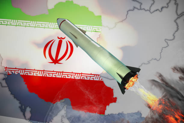 istock Launch of missile. Iran flag and map in background. 3D rendered illustration. 1200725653