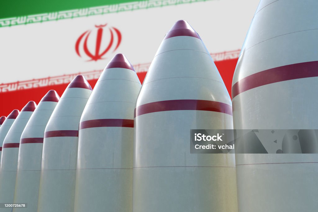 Many missiles ready for launch. Iran flag in background. 3D rendered illustration. Iran Stock Photo