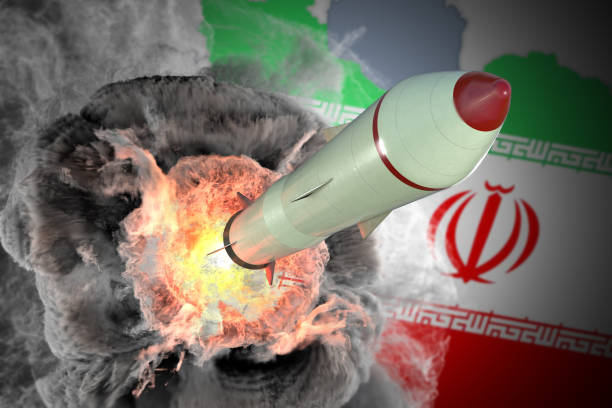 Launch of missile from Iran. 3D rendered illustration. Launch of missile from Iran. 3D rendered illustration. nuclear weapon stock pictures, royalty-free photos & images