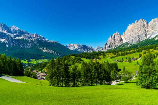 istock Green alpine meadows with huge mountains range on the background. 1200726488