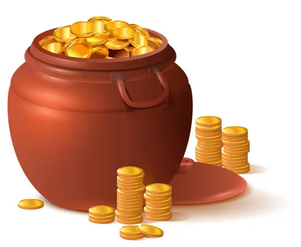 Vector illustration of Large clay brown pot full of gold. Ceramic pot with lid