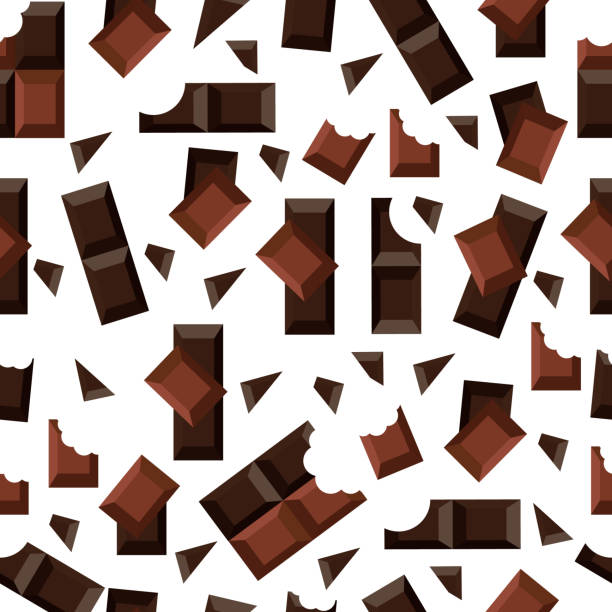 ilustraciones, imágenes clip art, dibujos animados e iconos de stock de piezas de barra de chocolate de patrón sin costuras, producto de cacao en estilo plano. ilustración vectorial - backgrounds brown close up cooking