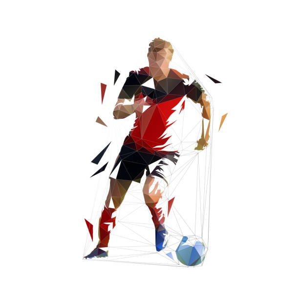 istock Soccer player running with ball, low poly isolated vector drawing, geometric footballer 1200729193