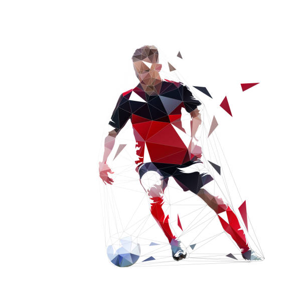 istock Soccer player running with ball, low poly isolated vector drawing, geometric footballer 1200729240