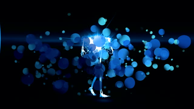 Skeleton appearing by bright blue effects against light bubble in background